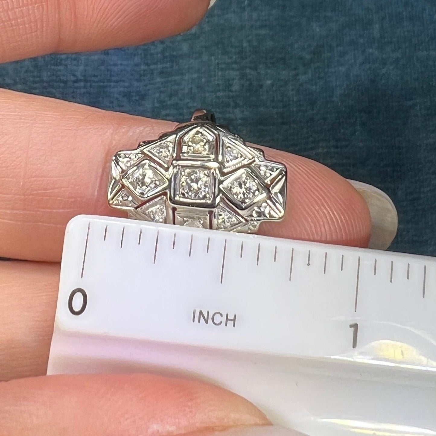 14k White Gold Rose-Cut Diamond Stepped Shield Ring. Art Deco