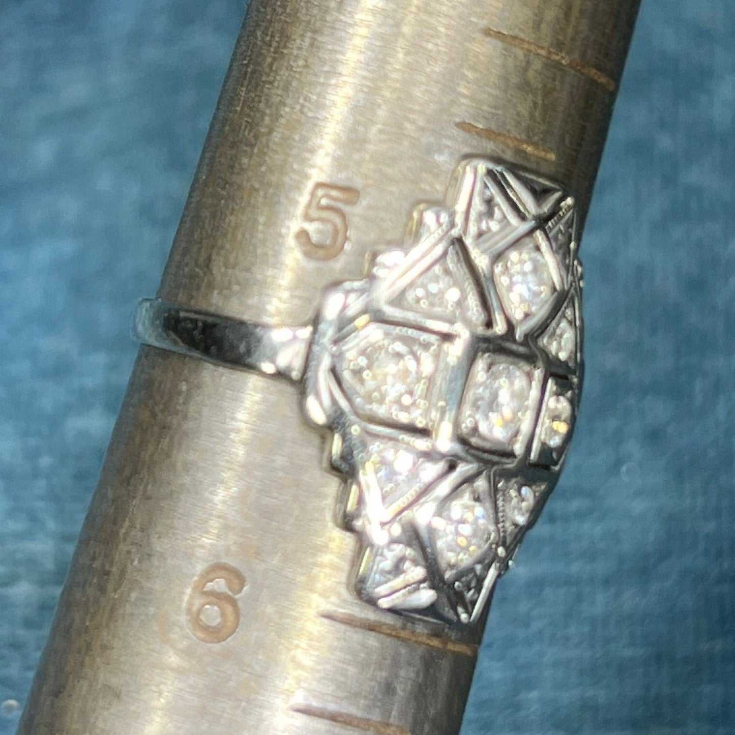 14k White Gold Rose-Cut Diamond Stepped Shield Ring. Art Deco