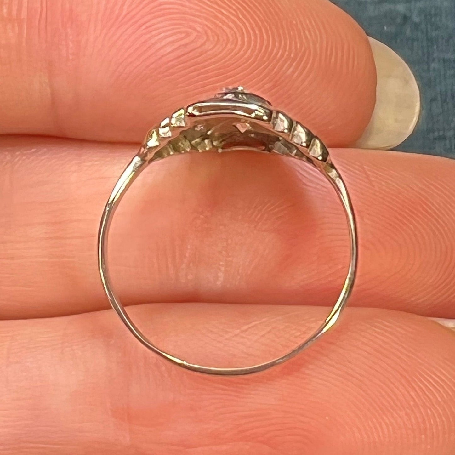 14k White Gold Rose-Cut Diamond Stepped Shield Ring. Art Deco