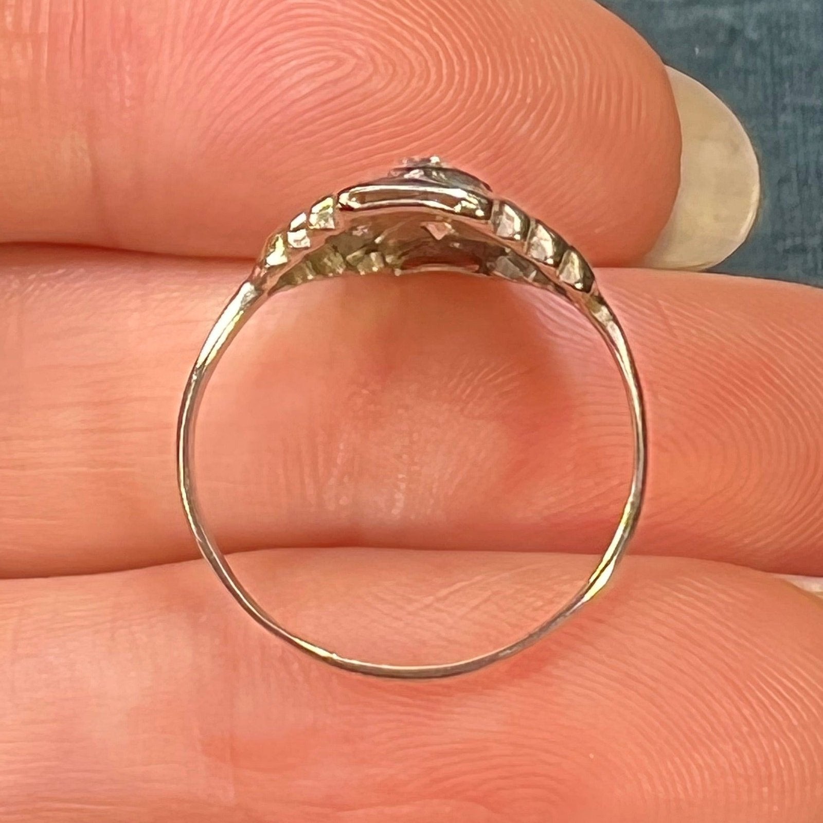 14k White Gold Rose-Cut Diamond Stepped Shield Ring. Art Deco