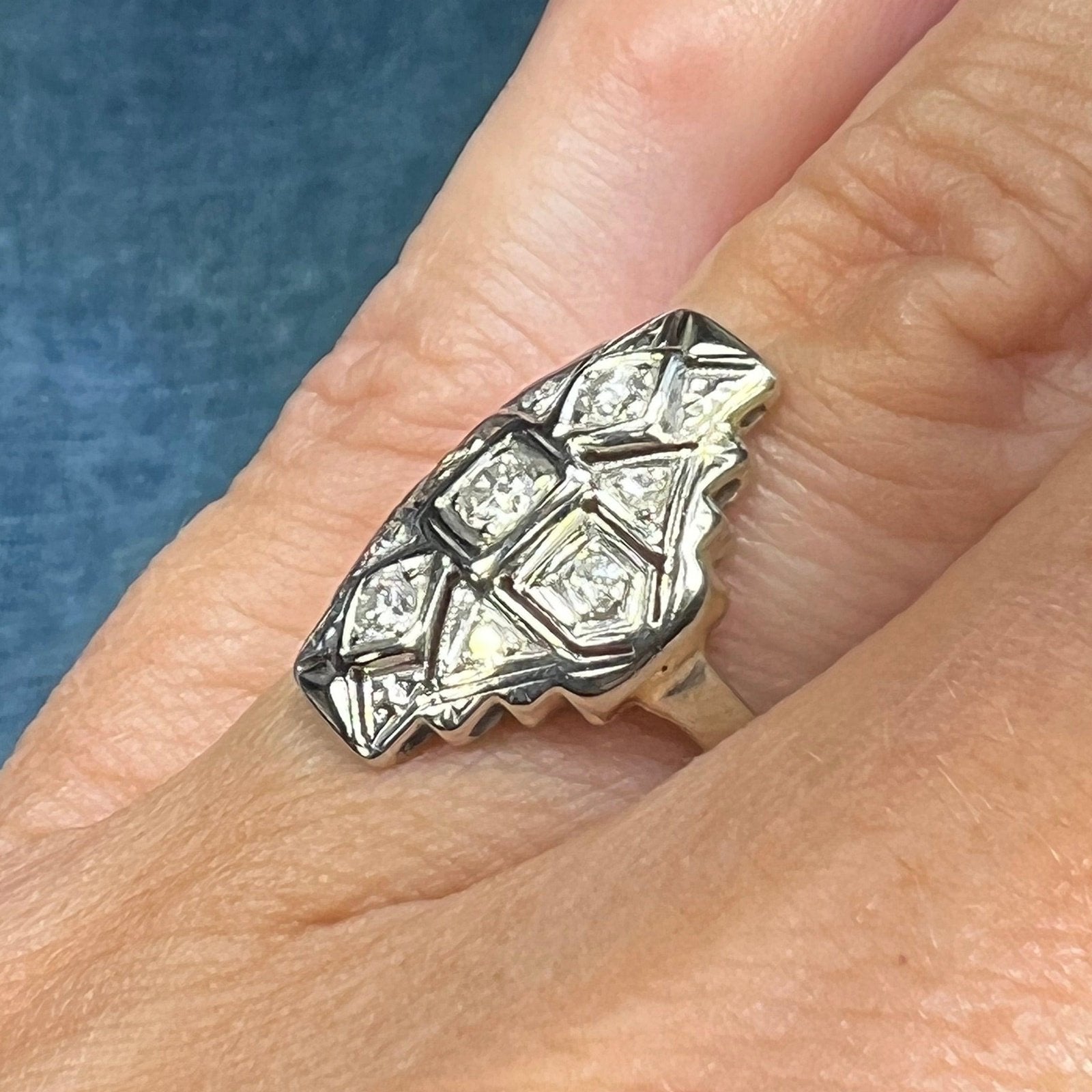14k White Gold Rose-Cut Diamond Stepped Shield Ring. Art Deco