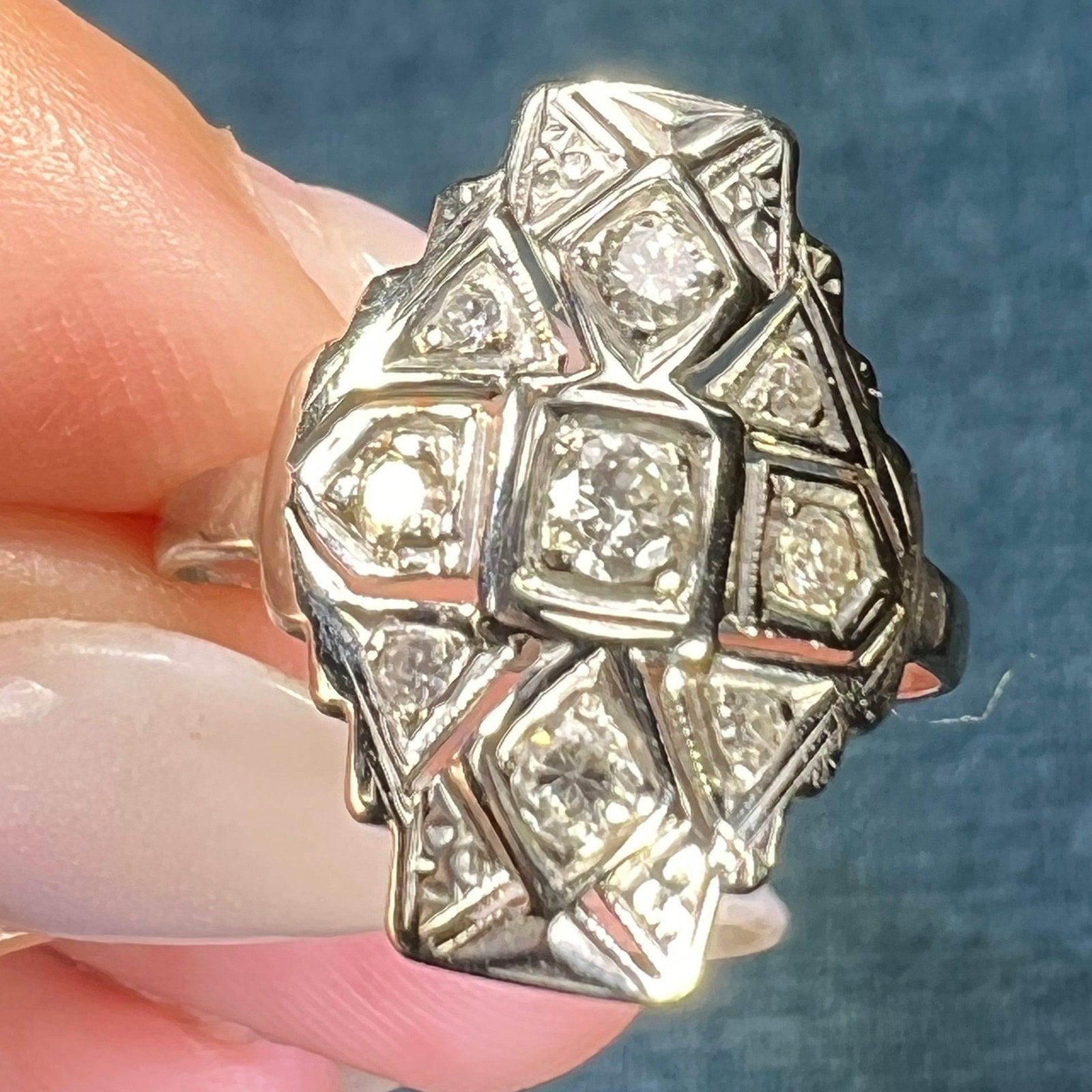 14k White Gold Rose Cut Diamond Stepped Shield Ring. Art Deco Sea Green Mermaid