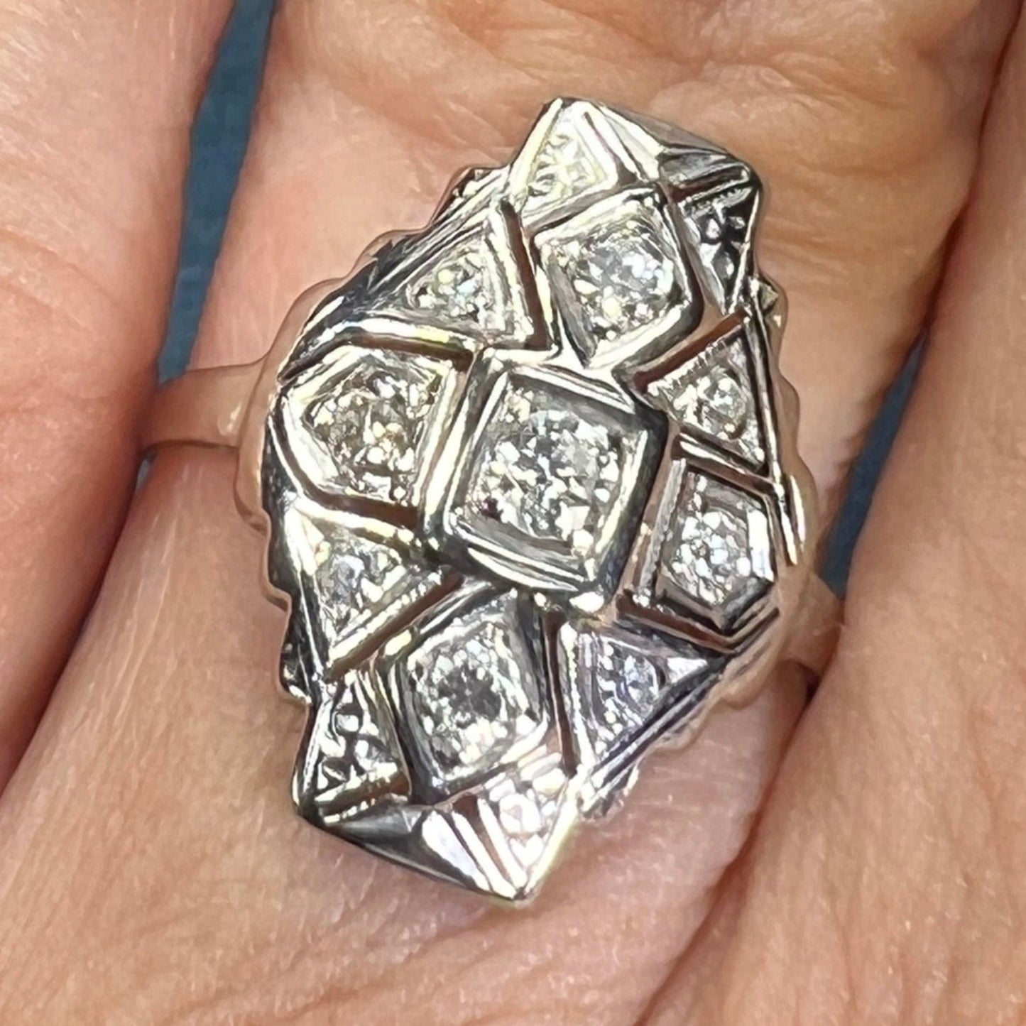 14k White Gold Rose-Cut Diamond Stepped Shield Ring. Art Deco