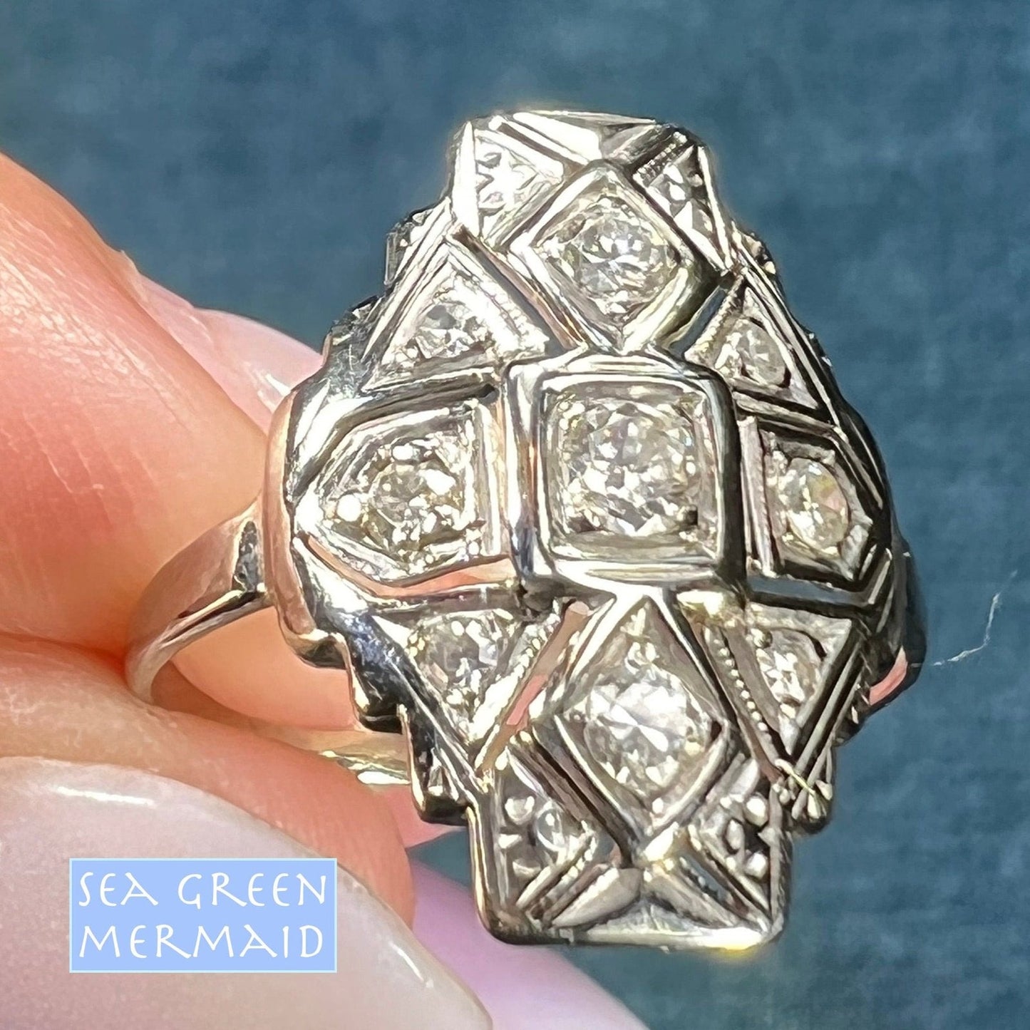 14k White Gold Rose-Cut Diamond Stepped Shield Ring. Art Deco