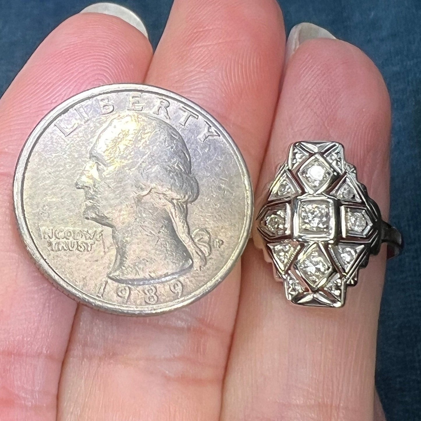 14k White Gold Rose-Cut Diamond Stepped Shield Ring. Art Deco