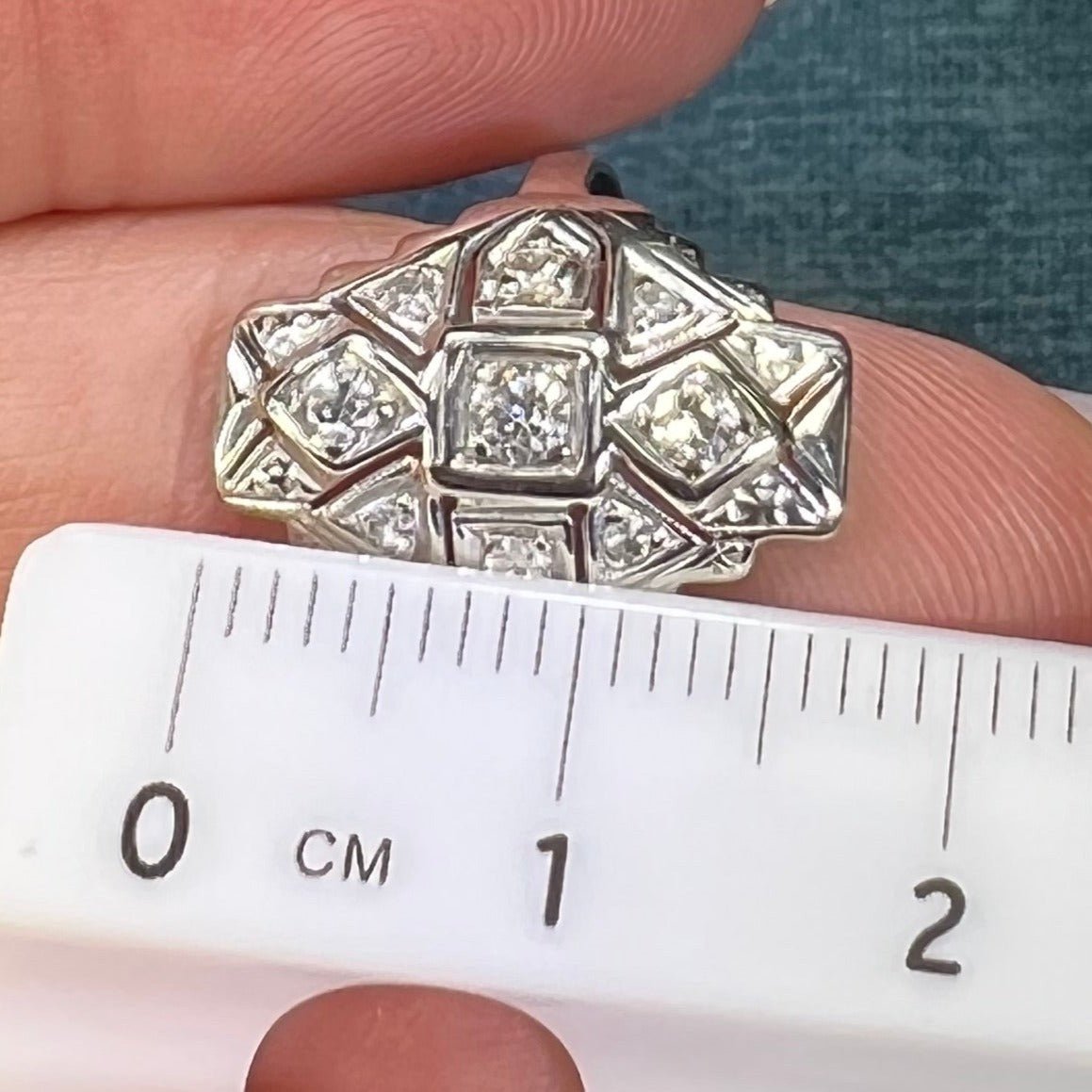 14k White Gold Rose-Cut Diamond Stepped Shield Ring. Art Deco