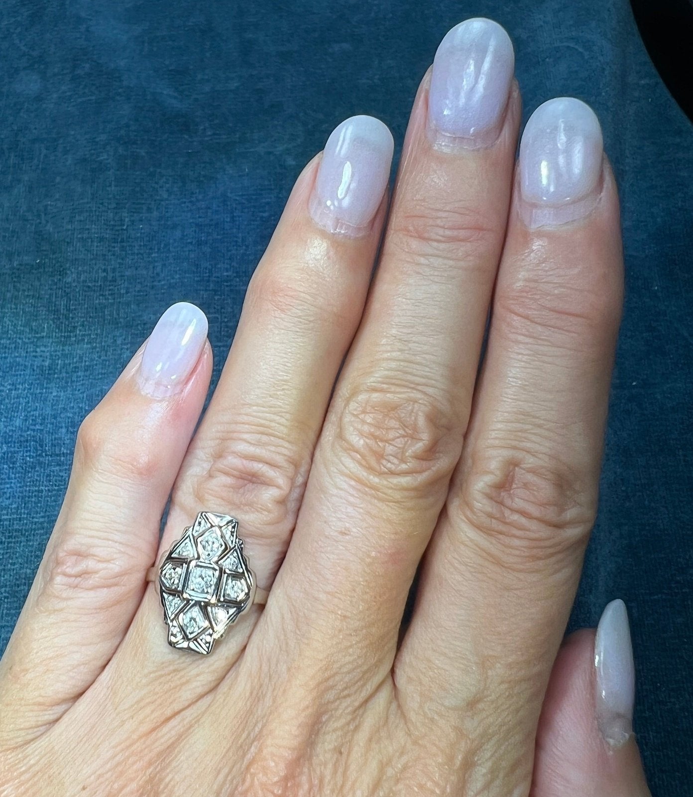 14k White Gold Rose-Cut Diamond Stepped Shield Ring. Art Deco