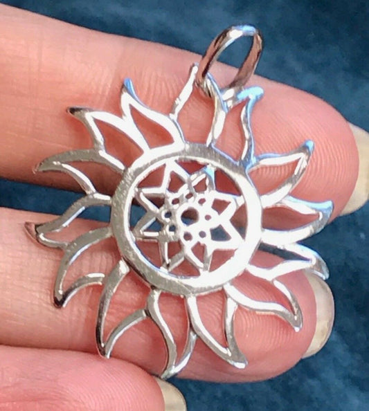 14k White Gold Sunshine Sunflower Mandala Medallion Pendant. Large 1.5"-K1L07J