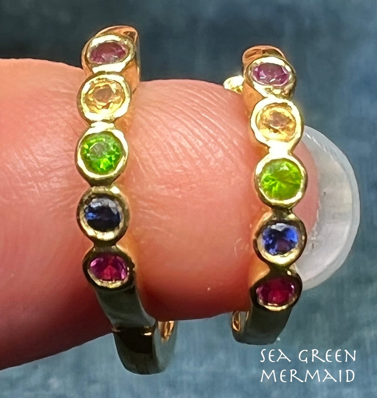 14k YG *Retired* MeiraT Bezel Set Rainbow Gem Huggies Hoop Earrings. Tiny!