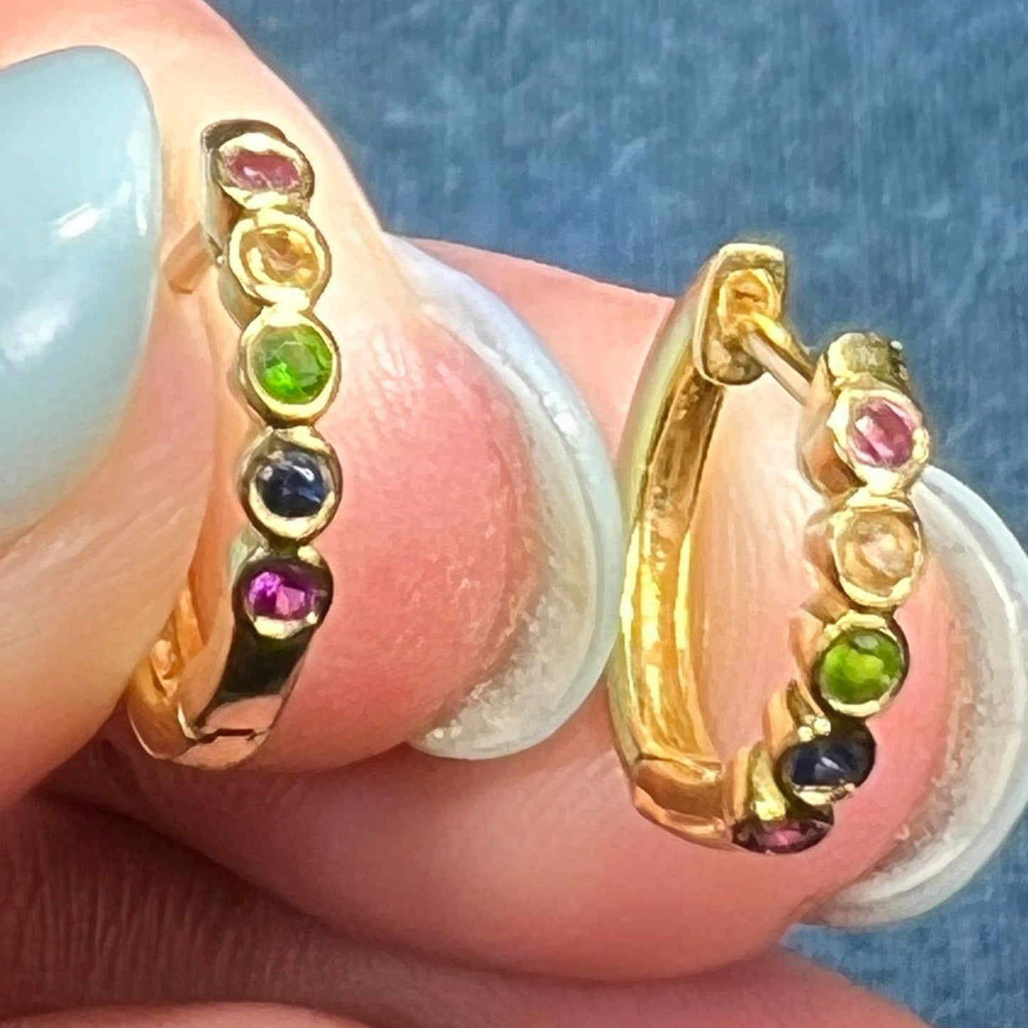 14k YG *Retired* MeiraT Bezel Set Rainbow Gem Huggies Hoop Earrings. Tiny!
