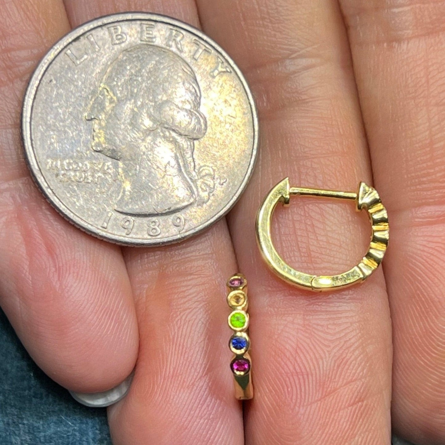 14k YG *Retired* MeiraT Bezel Set Rainbow Gem Huggies Hoop Earrings. Tiny!
