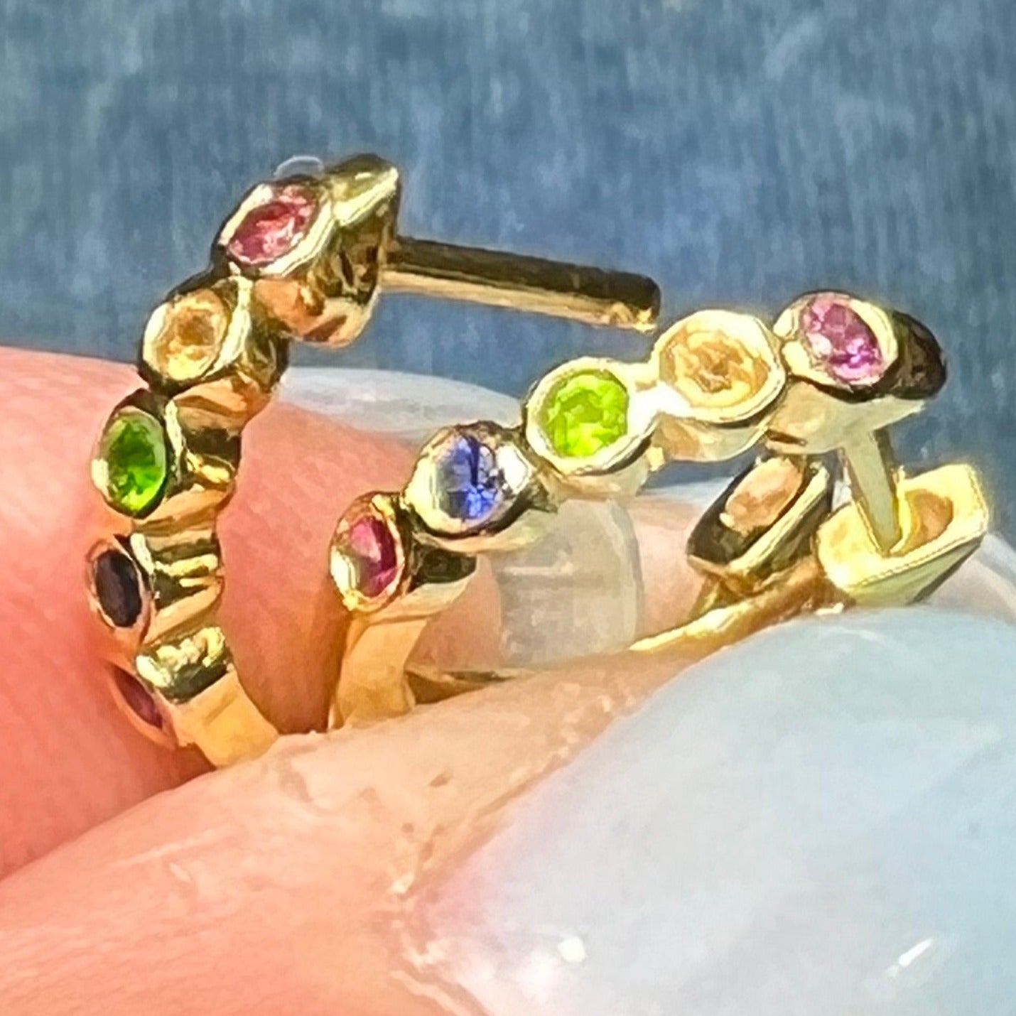 14k YG *Retired* MeiraT Bezel Set Rainbow Gem Huggies Hoop Earrings. Tiny!