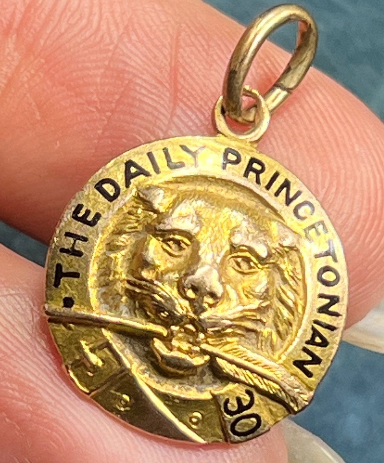14k Yellow Gold 1930 Daily Princetonian Pendant. Tiger w Feather Quill