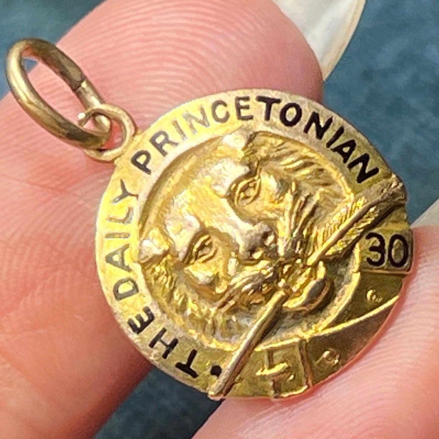 14k Yellow Gold 1930 Daily Princetonian Pendant. Tiger w Feather Quill