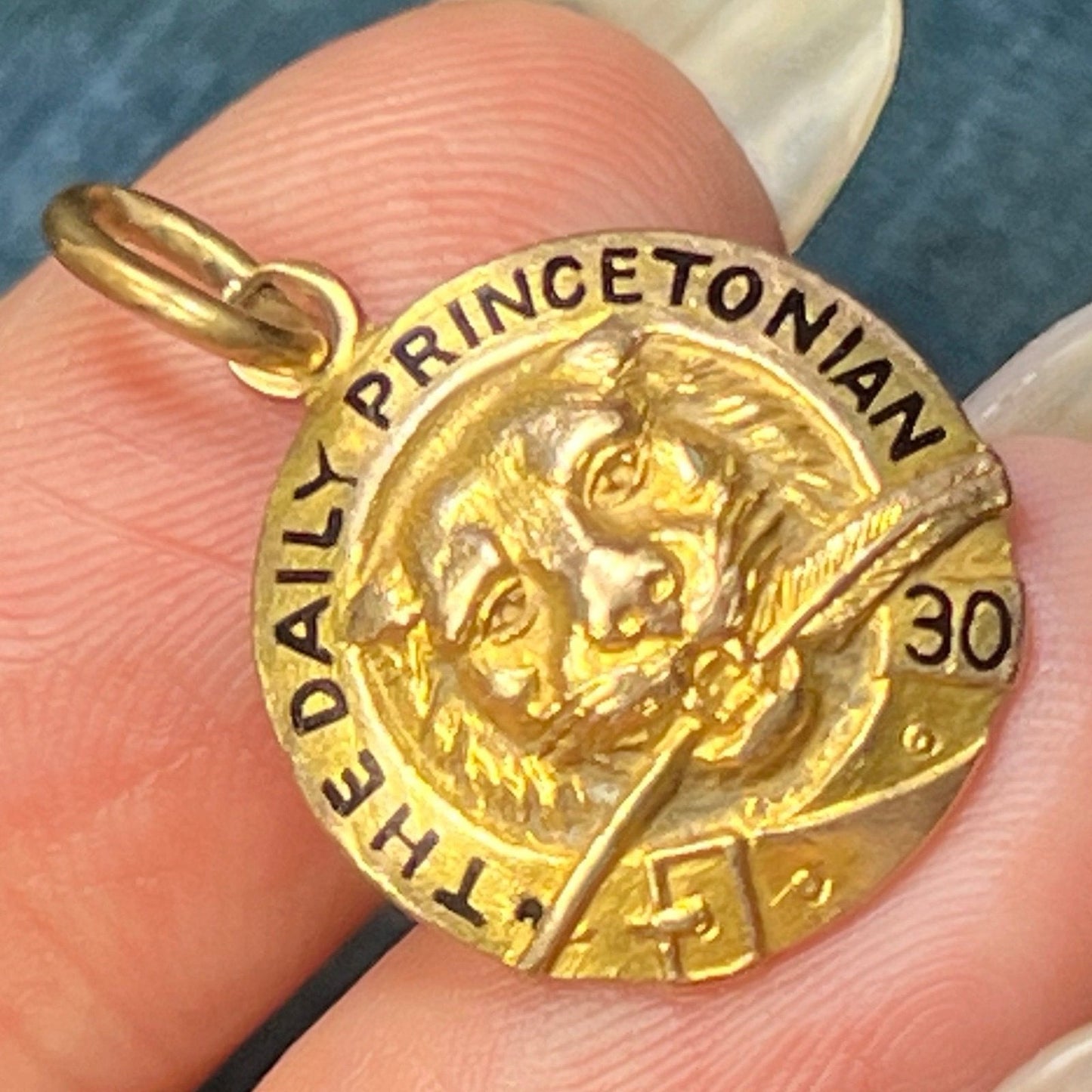 14k Yellow Gold 1930 Daily Princetonian Pendant. Tiger w Feather Quill
