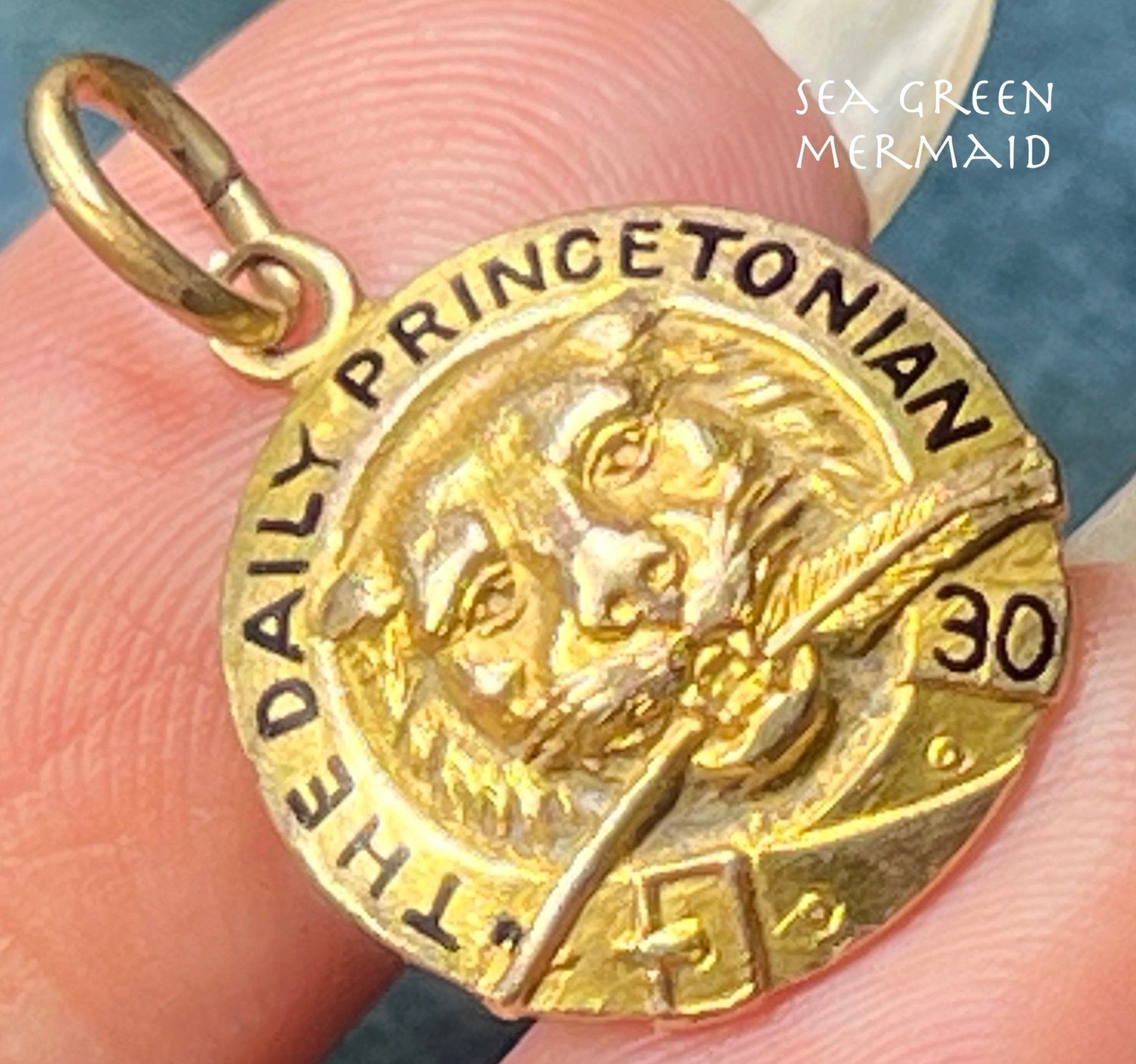 14k Yellow Gold 1930 Daily Princetonian Pendant. Tiger w Feather Quill