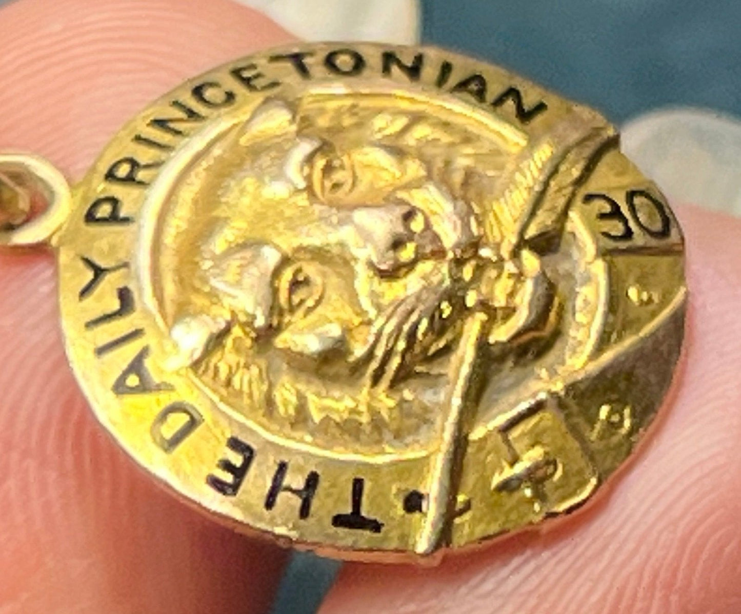 14k Yellow Gold 1930 Daily Princetonian Pendant. Tiger w Feather Quill