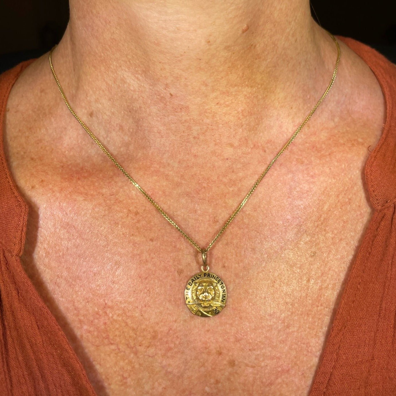 14k Yellow Gold 1930 Daily Princetonian Pendant. Tiger w Feather Quill
