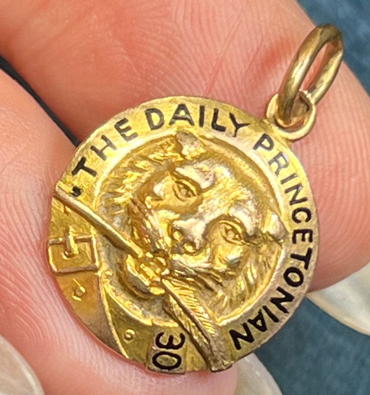 14k Yellow Gold 1930 Daily Princetonian Pendant. Tiger w Feather Quill