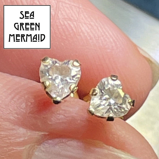 14k Yellow Gold 1.0 TCW HEART Faux Diamond Stud Earrings. Safety Backs