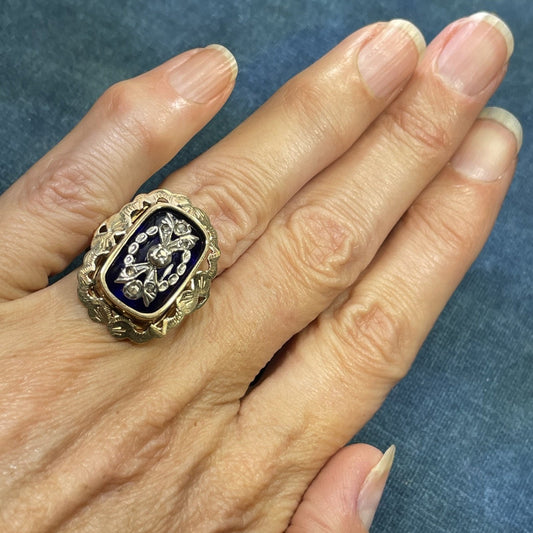 14k Yellow Gold 1" Cobalt Blue Ring w Rose-Cut Diamonds. Georgian
