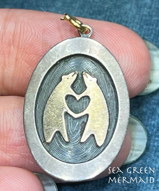 14k Yellow Gold "2 Bears Love" w Heart in 925 Pendant. Old Pawn