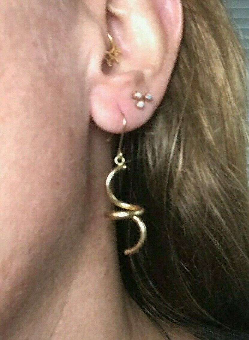 14k Yellow Gold 3-D Artistic Spiral Snake Dangly Earrings. Large 1.8" -K7L9J