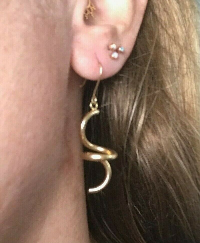 14k Yellow Gold 3-D Artistic Spiral Snake Dangly Earrings. Large 1.8" -K7L9J