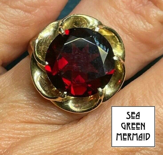 14k Yellow Gold 5 Ct Ruby Red Garnet Ring. Buttercup Flower. 8.5g 21_227