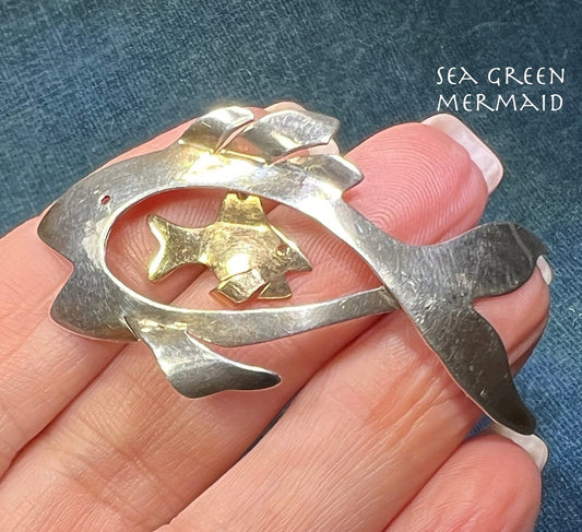 14k Yellow Gold & 925 2" Big Fish/Little Fish Pendant. Moves! *VIDEO*