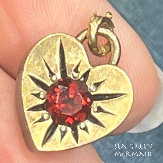 14k Yellow Gold + 925 Heart Pendant w Sunburst Gypsy Set Garnet. 6g