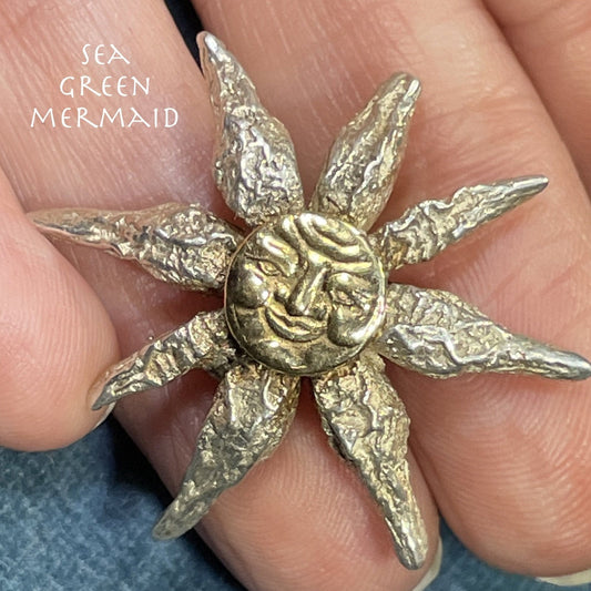 14k Yellow Gold & 925 "Man in the Moon" Sunburst Pendant. 1.25"