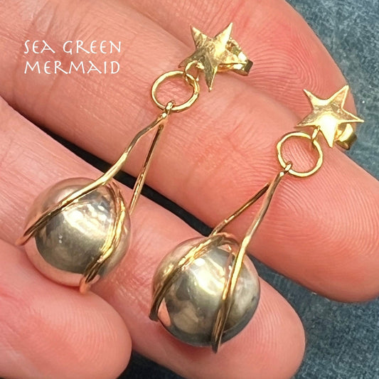 14k Yellow Gold & 925 Stars + Full Moon Orb Earrings. 1.5"
