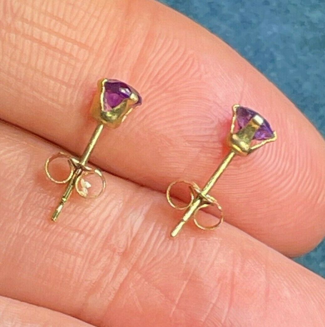 14k Yellow Gold Amethyst Stud Earrings. Tiny!