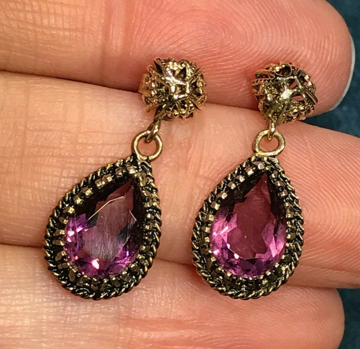 14k Yellow Gold Amethyst Teardrop Earrings. Victorian Gothic Sea Green Mermaid
