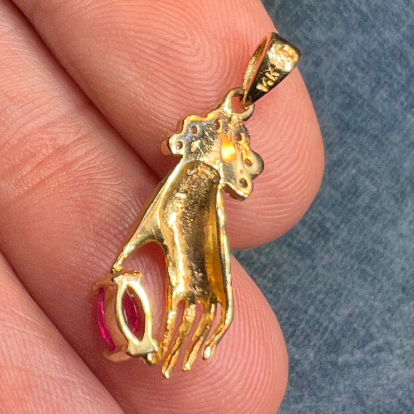 14k Yellow Gold Antique Antique HAND Pendant w Ruby + Diamonds