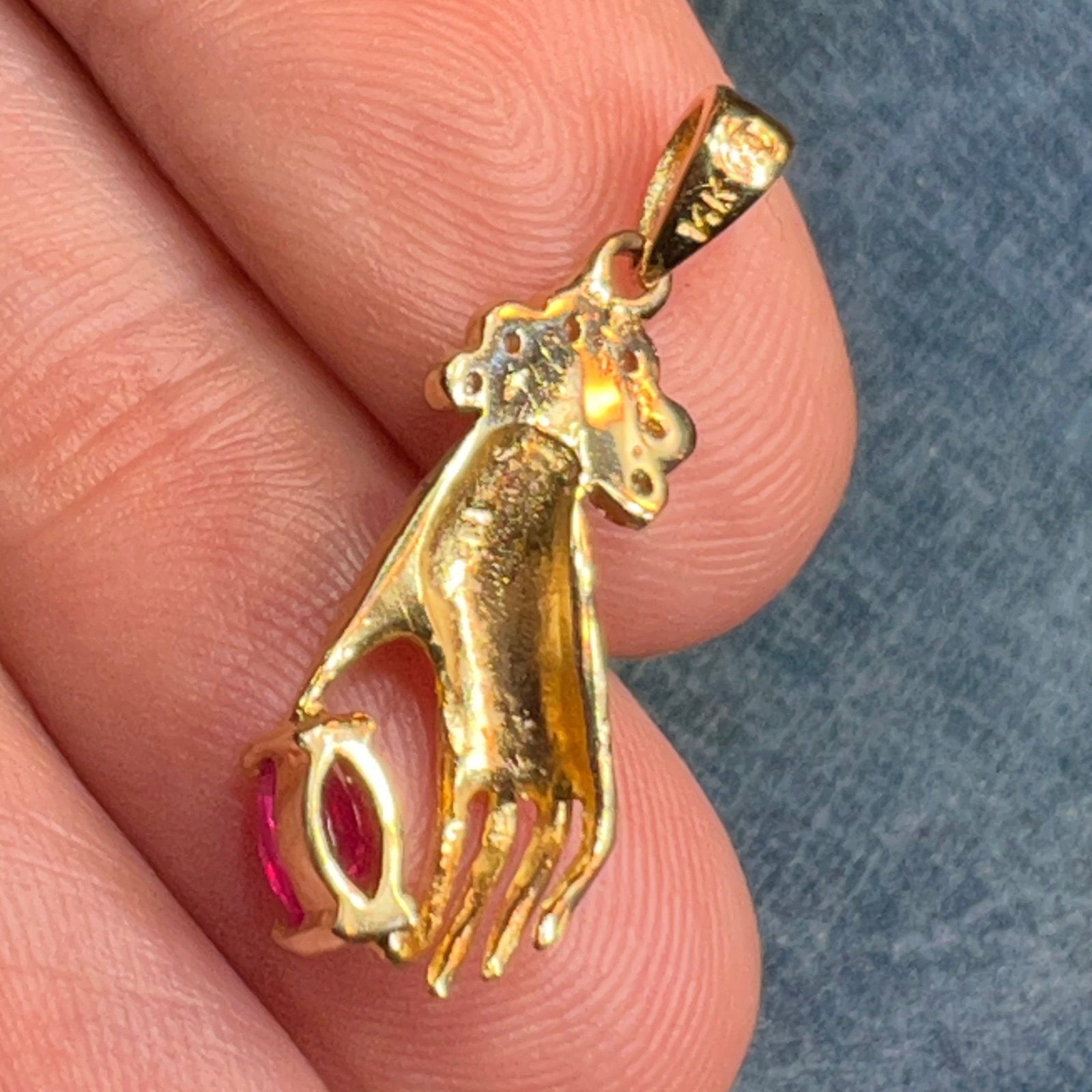 14k Yellow Gold Antique Antique HAND Pendant w Ruby + Diamonds
