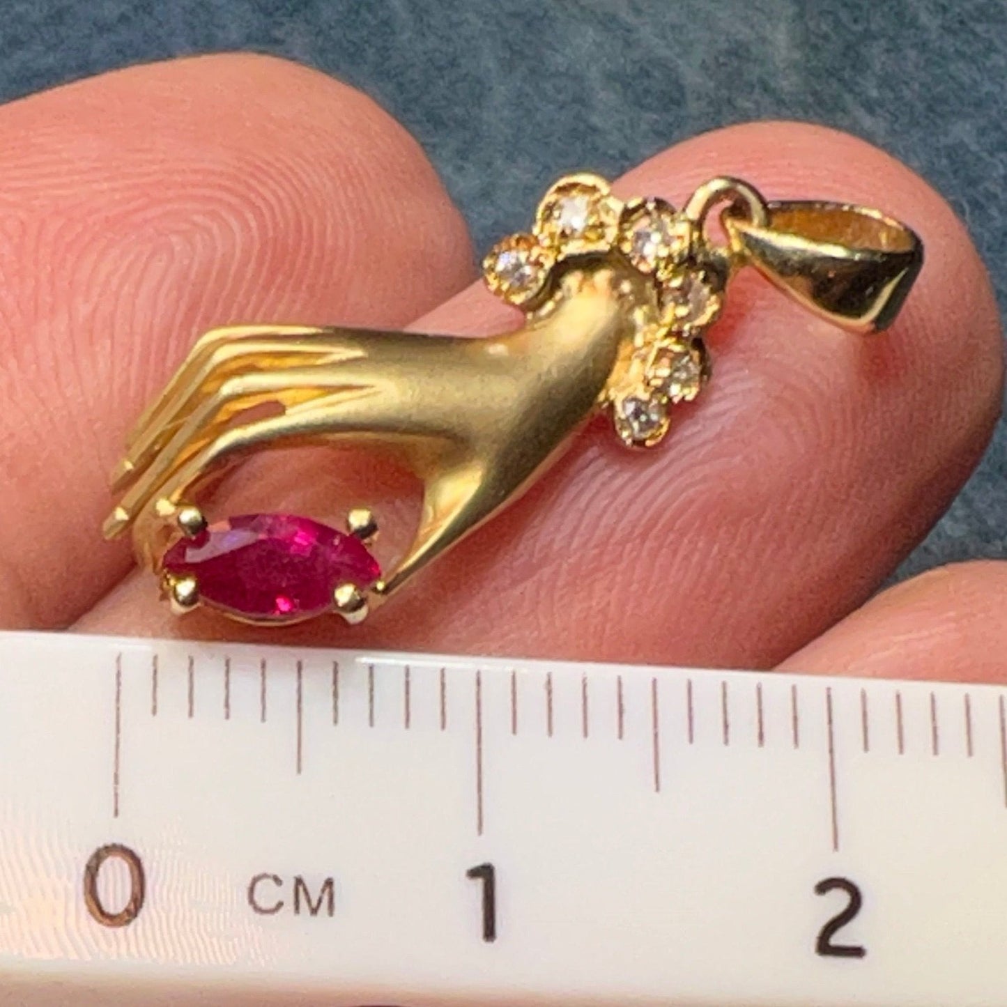 14k Yellow Gold Antique Antique HAND Pendant w Ruby + Diamonds