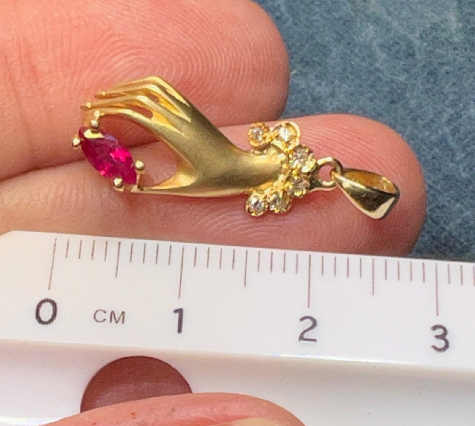 14k Yellow Gold Antique Antique HAND Pendant w Ruby + Diamonds