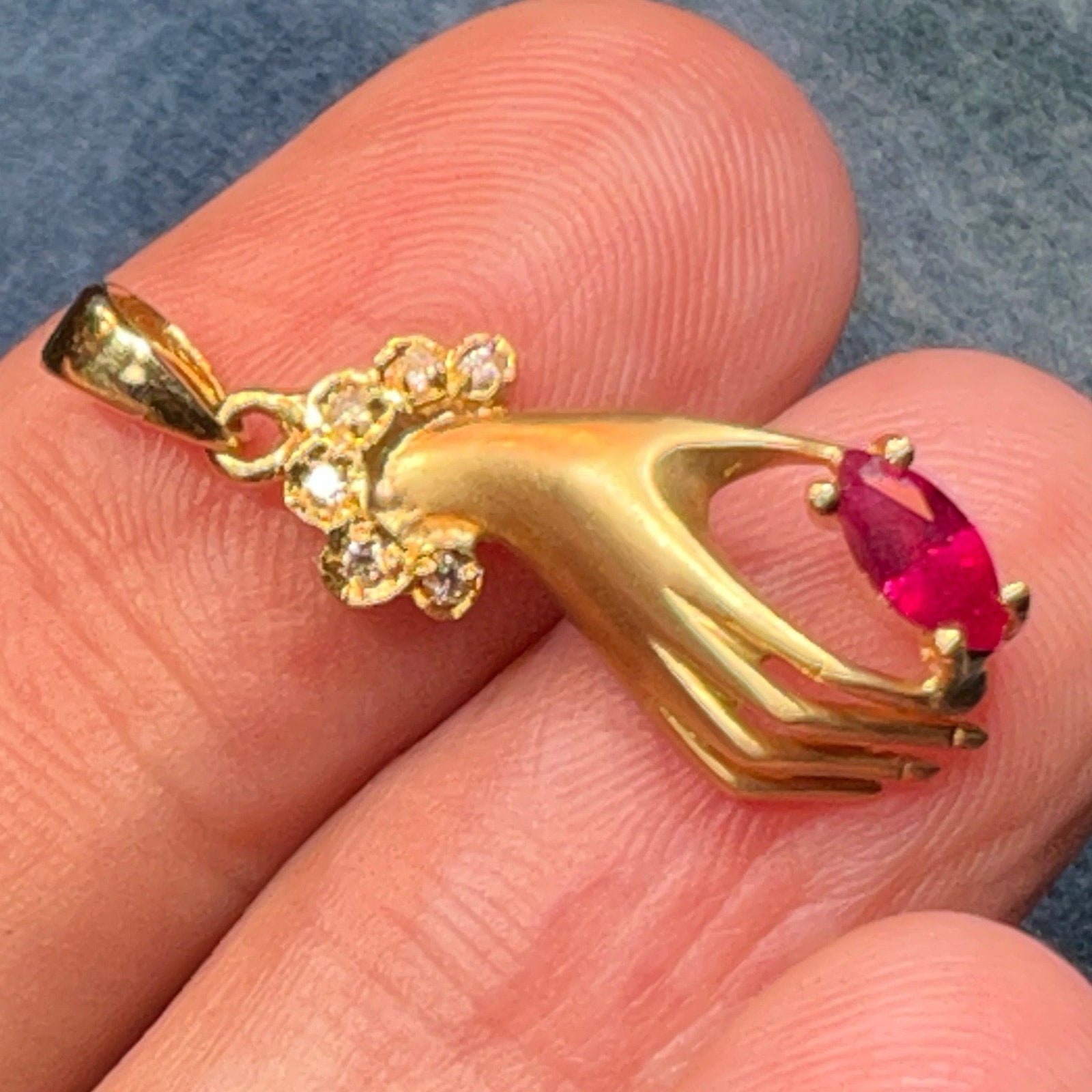 14k Yellow Gold Antique Antique HAND Pendant w Ruby + Diamonds