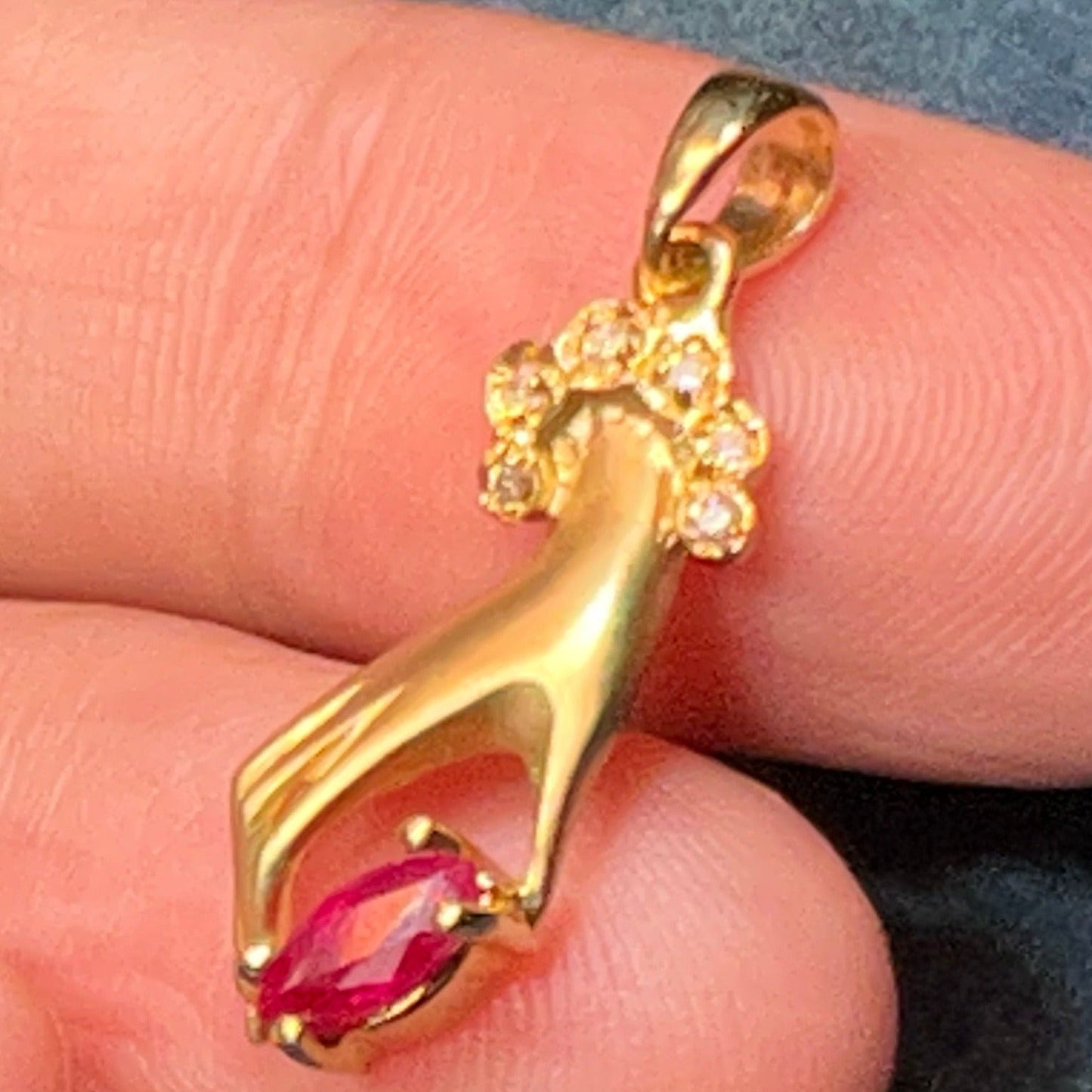 14k Yellow Gold Antique Antique HAND Pendant w Ruby + Diamonds