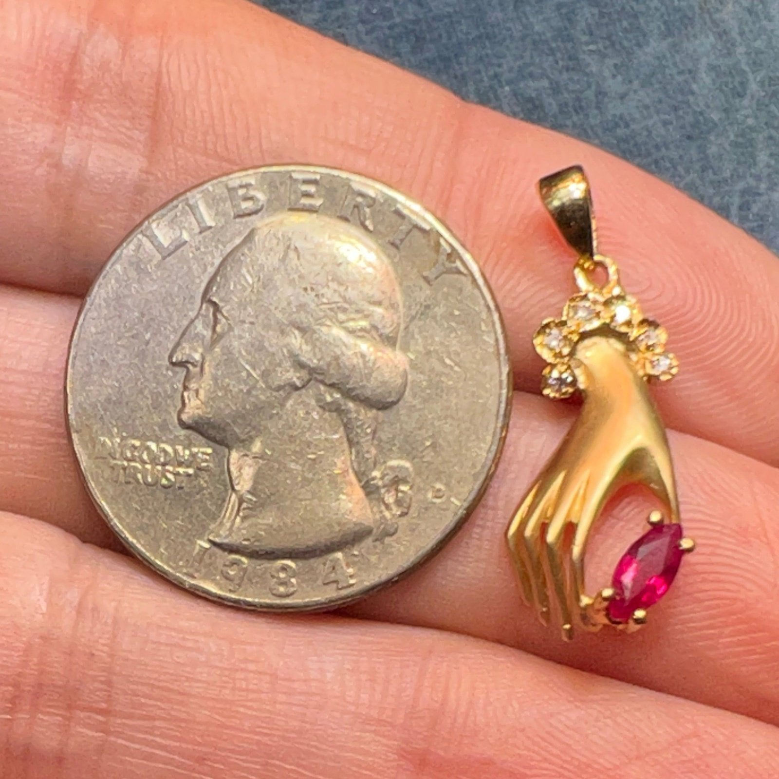 14k Yellow Gold Antique Antique HAND Pendant w Ruby + Diamonds