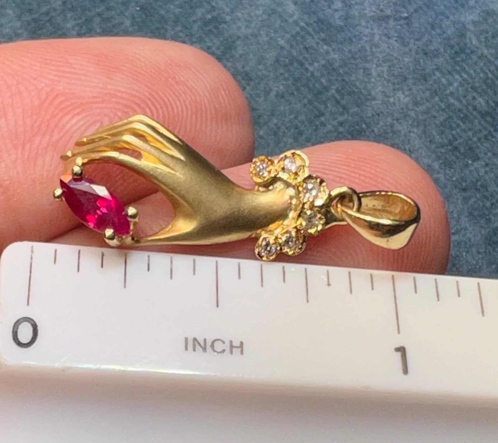 14k Yellow Gold Antique Antique HAND Pendant w Ruby + Diamonds