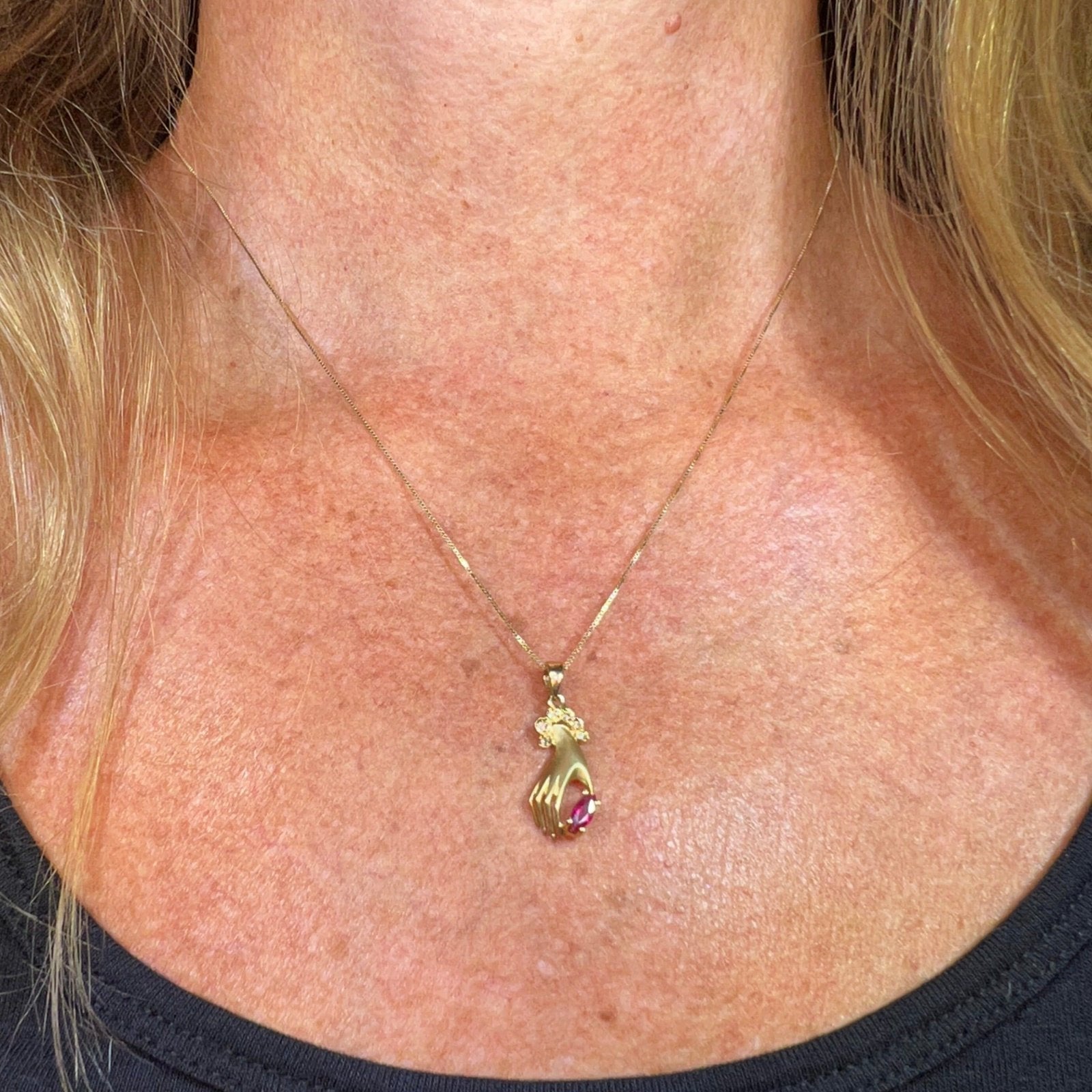 14k Yellow Gold Antique Antique HAND Pendant w Ruby + Diamonds