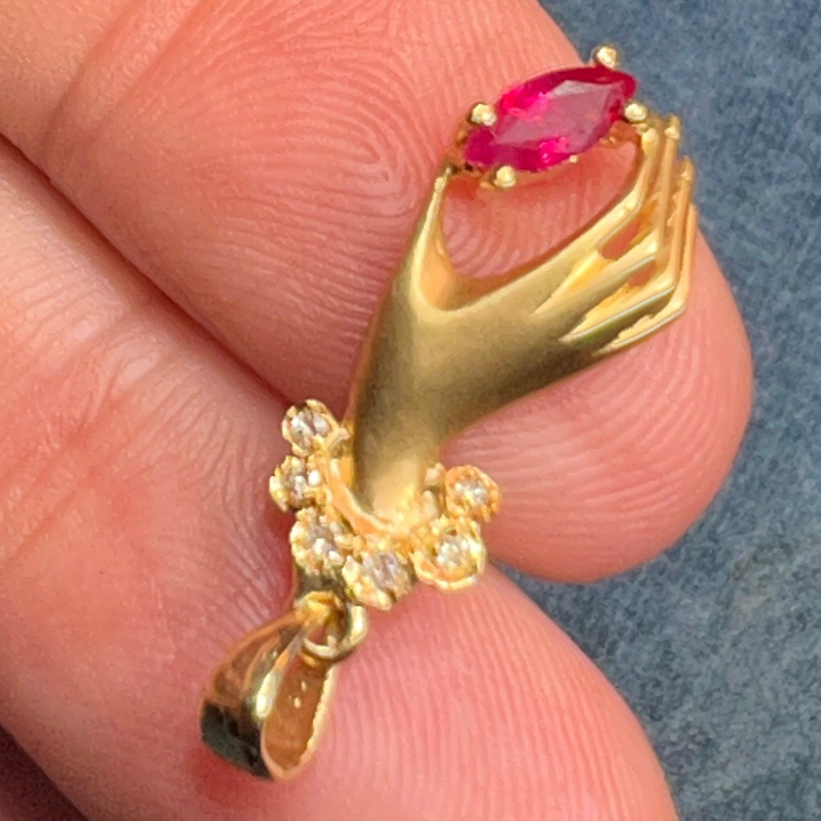 14k Yellow Gold Antique Antique HAND Pendant w Ruby + Diamonds