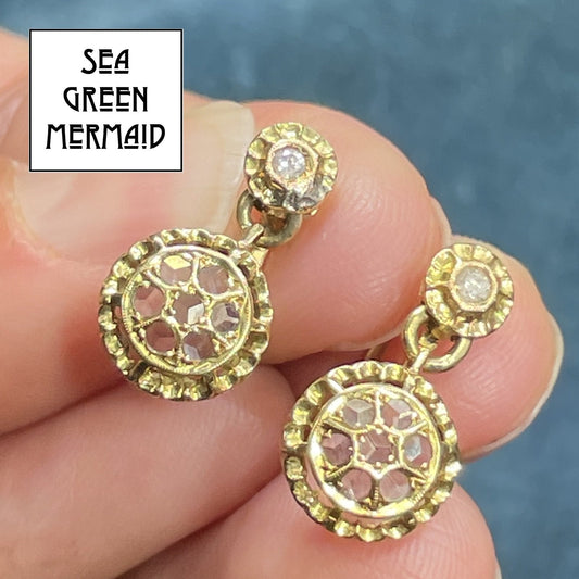 14k Yellow Gold Antique Rose-Cut Clear Diamond & Topaz Earrings. Leverbacks