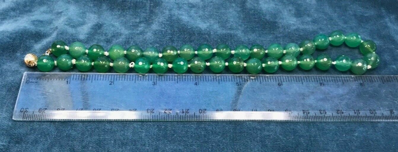 14k Yellow Gold Apple Green Chrysoprase Bead Necklace. Large 10mm Gems-K3L3J