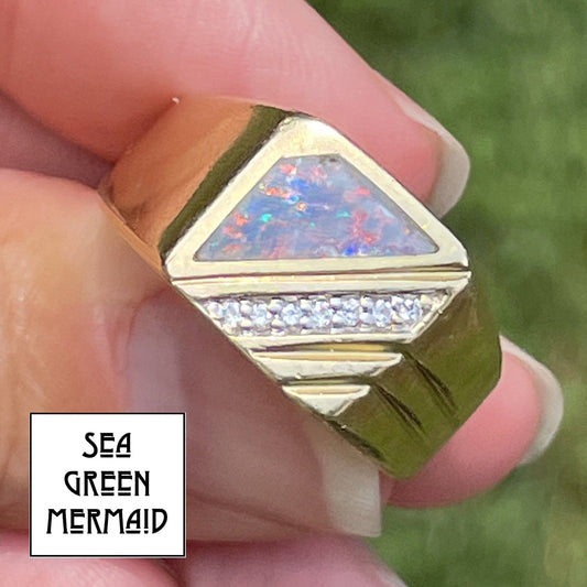 14k Yellow Gold Australian Black Opal Doublet & Diamond MCM Signet Ring *VIDEO*