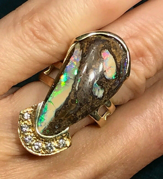 14k Yellow Gold Australian Boulder Opal Diamond Ring**VIDEO**