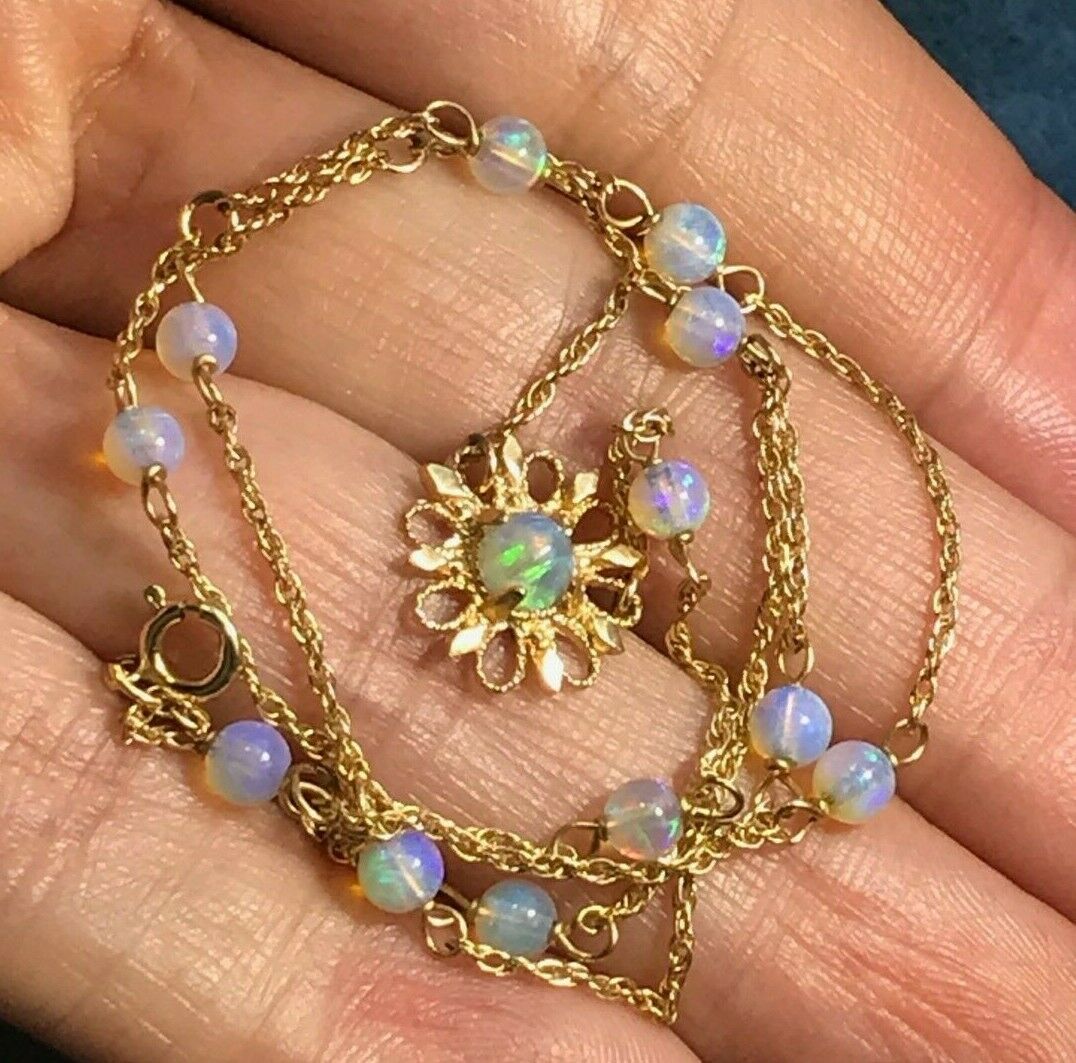 14k Yellow Gold Australian Crystal Opal Bead Necklace**VIDEO**